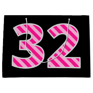 Grand Sac Cadeau Fun rose rayé "32"; Joyeux 32e anniversaire; Nom
