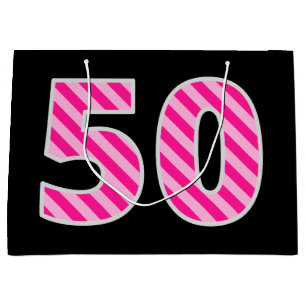 Grand Sac Cadeau Fun rose rayé "50"; Joyeux 50e anniversaire; Nom
