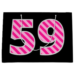 Grand Sac Cadeau Fun rose rayé "59"; Joyeux 59e anniversaire; Nom