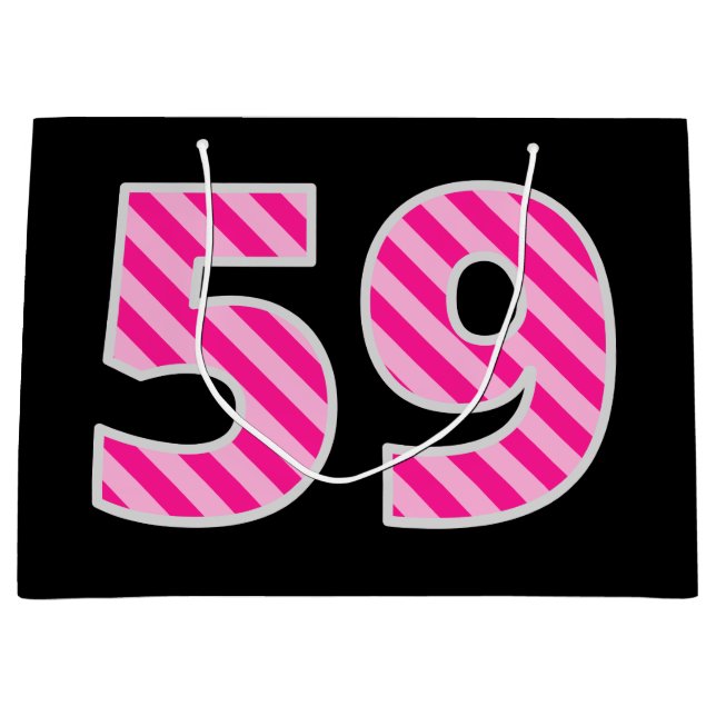 Grand Sac Cadeau Fun rose rayé "59"; Joyeux 59e anniversaire; Nom (Devant)