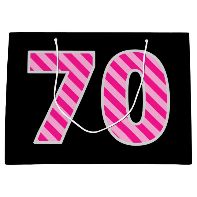 Grand Sac Cadeau Fun rose rayé "70"; Joyeux 70e anniversaire; Nom (Devant)