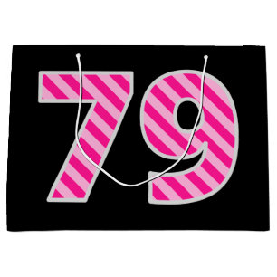 Grand Sac Cadeau Fun rose rayé "79"; Joyeux 79e anniversaire; Nom