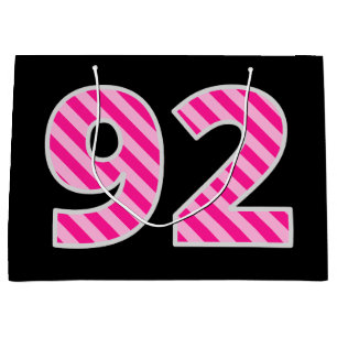 Grand Sac Cadeau Fun rose rayé "92"; Joyeux 92e anniversaire; Nom