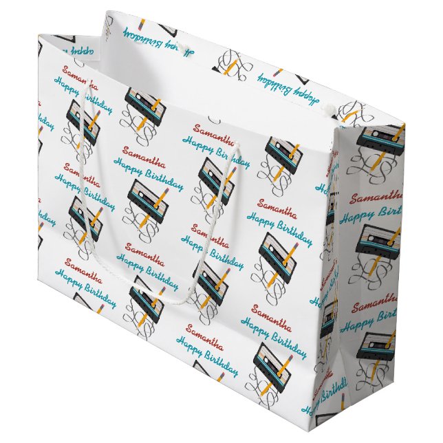 Grand Sac Cadeau Funny 80s Musique Retro Cassette Anniversaire Nom (Devant Angle)