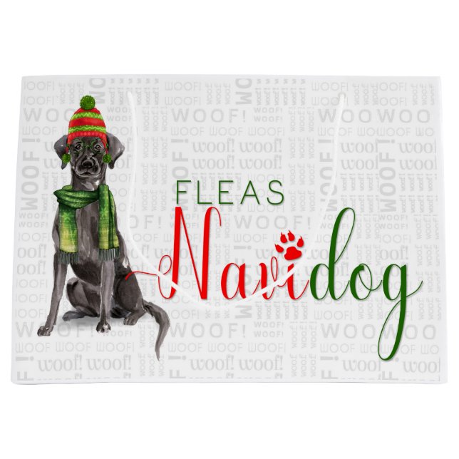 Grand Sac Cadeau Funny Noël Fleas Navidog avec Black Lab (Devant)