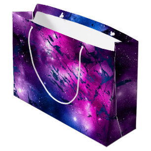 Grand Sac Cadeau Galaxie   Bleu cosmique Marbre pourpre et rose