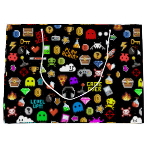 Grand Sac Cadeau Gamer Retro Pixel Vidéo Jeu Icônes Envelopper Pape