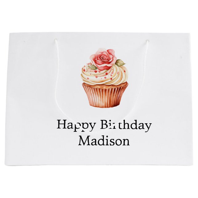 Grand Sac Cadeau Gâteau Cupcake Anniversaire Rose Fushia Chic (Devant)