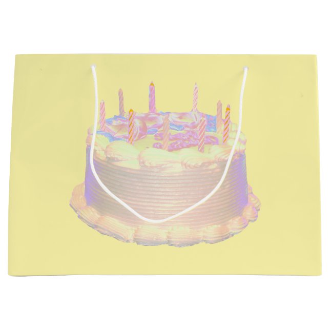 Grand Sac Cadeau Gâteau d'anniversaire fond jaune (Devant)