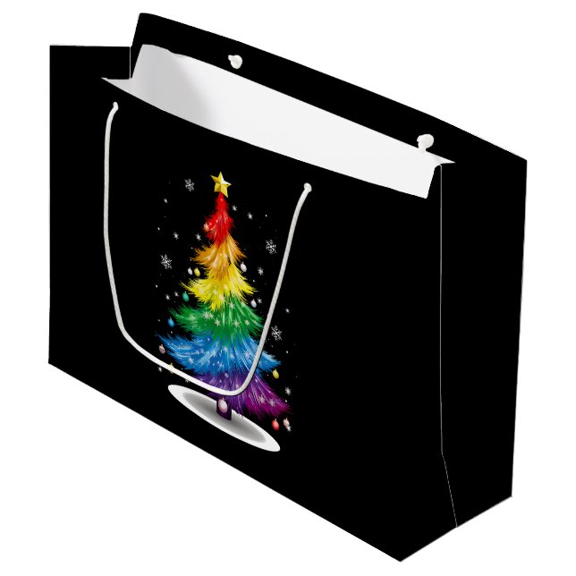 Grand Sac Cadeau Gay LGBT Pride Arbre de Noël Arc-en-ciel Joyeux No (Devant Angle)