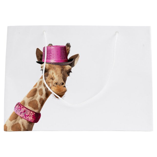 Grand Sac Cadeau Giraffe en casquette rose étincelant (Devant)