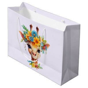 Grand Sac Cadeau Giraffe mignonne à couronne florale