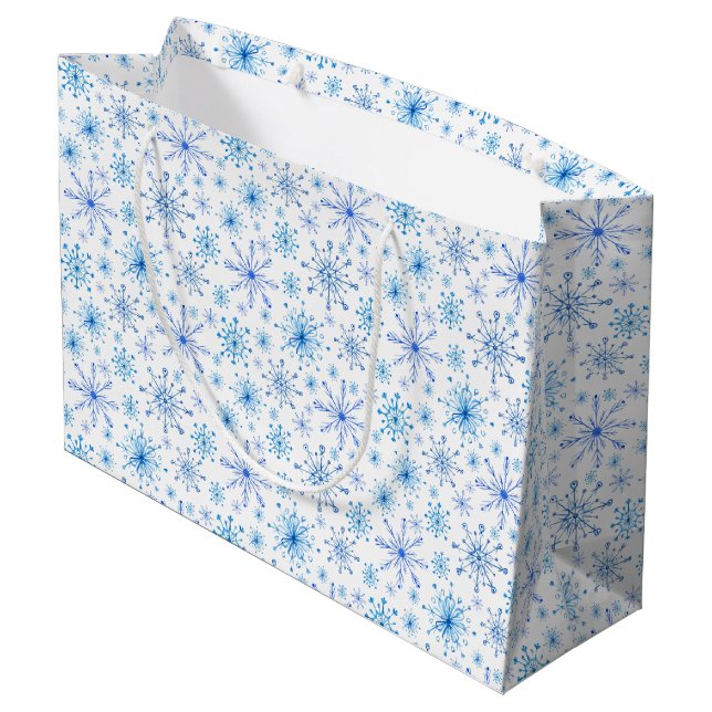 Grand Sac Cadeau Glace blanche et bleue et flocons de neige (Dos Angle)
