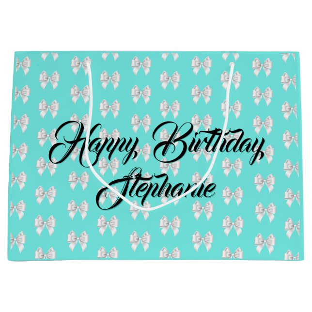 Grand Sac Cadeau Glam Aqua Nom personnalisé Thème Tiffany Nœud Blan (Devant)