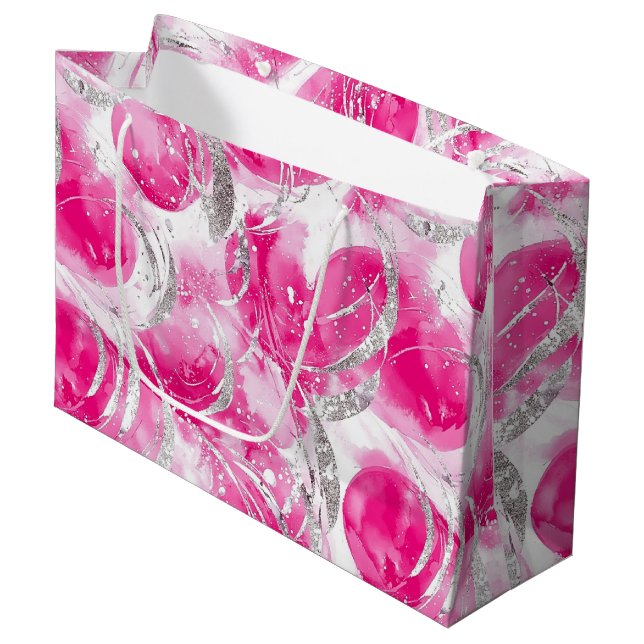 Grand Sac Cadeau Glam en argent rose Cercles Abstraits Anniversaire (Devant Angle)
