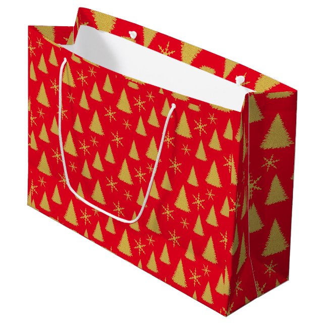Grand Sac Cadeau Glam Red et Gold Christmas Tree Motif (Devant Angle)