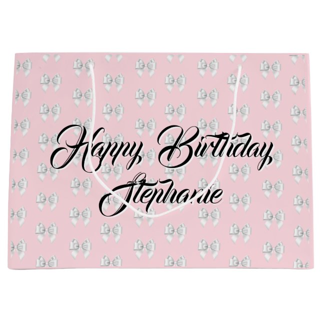 Grand Sac Cadeau Glam Rose Nom Personnalisé Thème Tiffany Nœud Blan (Devant)