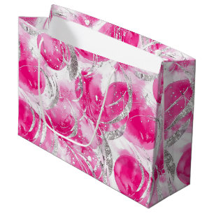 Grand Sac Cadeau Glamour Abstrait Rose et Argent Anniversaire Cercl