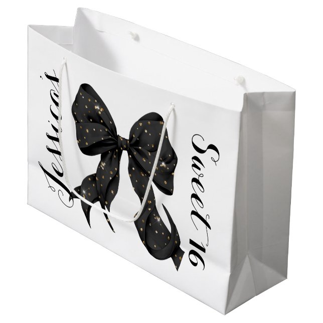 Grand Sac Cadeau Glamour Coquette Noir/Or Bow (Devant Angle)