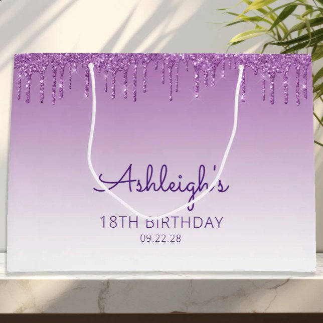 Grand Sac Cadeau Glitter Drip 18th Birthday Purple (Créateur téléchargé)