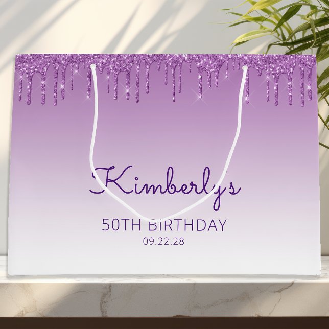 Grand Sac Cadeau Glitter Drip 50e Anniversaire Violet (Créateur téléchargé)