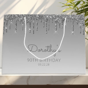 Grand Sac Cadeau Glitter Drip 90e Anniversaire Argent
