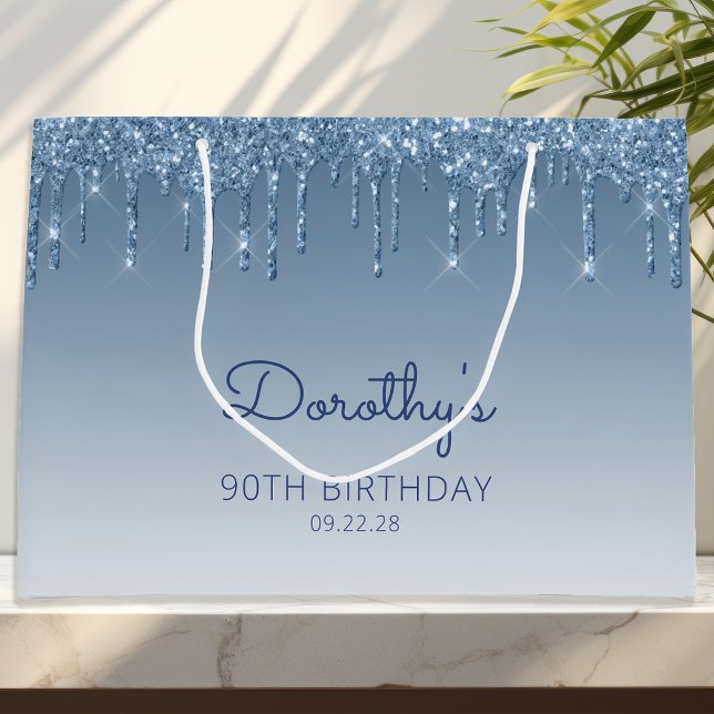 Grand Sac Cadeau Glitter Drip 90e Anniversaire Bleu (Créateur téléchargé)