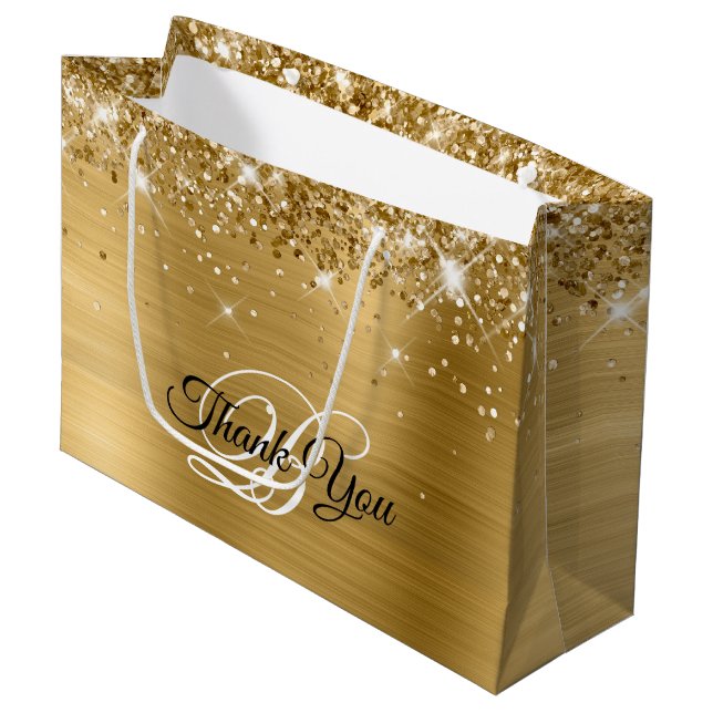 Grand Sac Cadeau Glitter Or huile Fancy Monogramme Merci (Devant Angle)