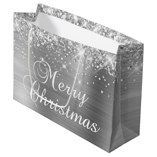 Grand Sac Cadeau Glittery Argent Fancy Joyeux Noël (Devant Angle)