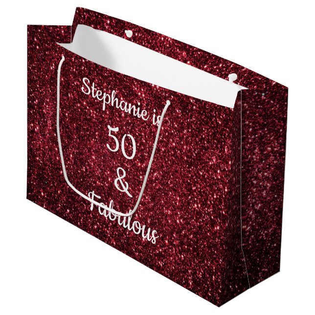 Grand Sac Cadeau Glittery Gold Bourgogne Rouge Fabuleux 50 Annivers (Devant Angle)