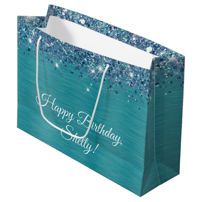 Grand Sac Cadeau Glittery Turquoise Personnalisé Joyeux Anniversair (Devant Angle)