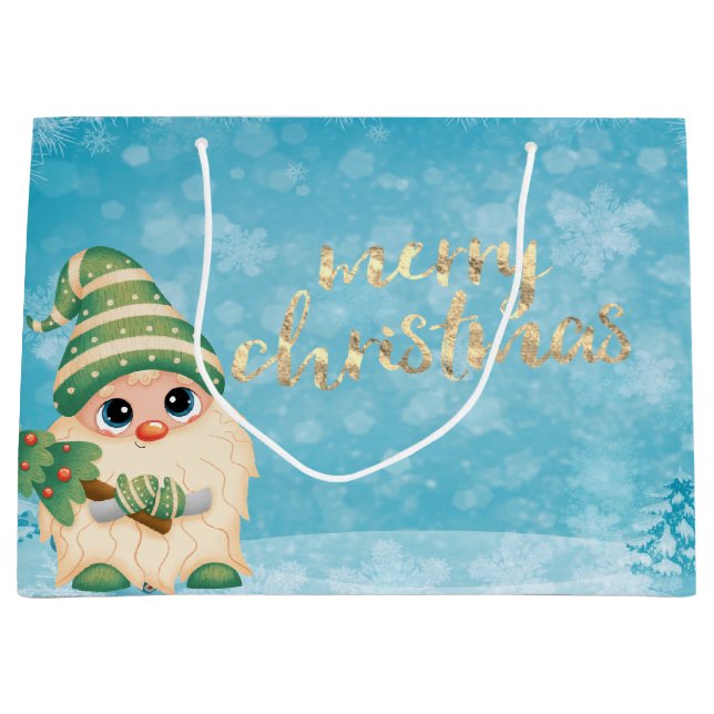 Grand Sac Cadeau Gnome Cute Avec Pin Tree Vacances (Devant)