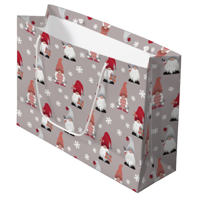 Grand Sac Cadeau Gnomes mignons Nordique Hiver Gris Rose Rouge (Devant Angle)