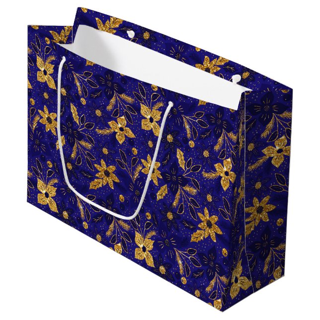 Grand Sac Cadeau Gold and Blue Christmas Poinsettia Flowers (Devant Angle)