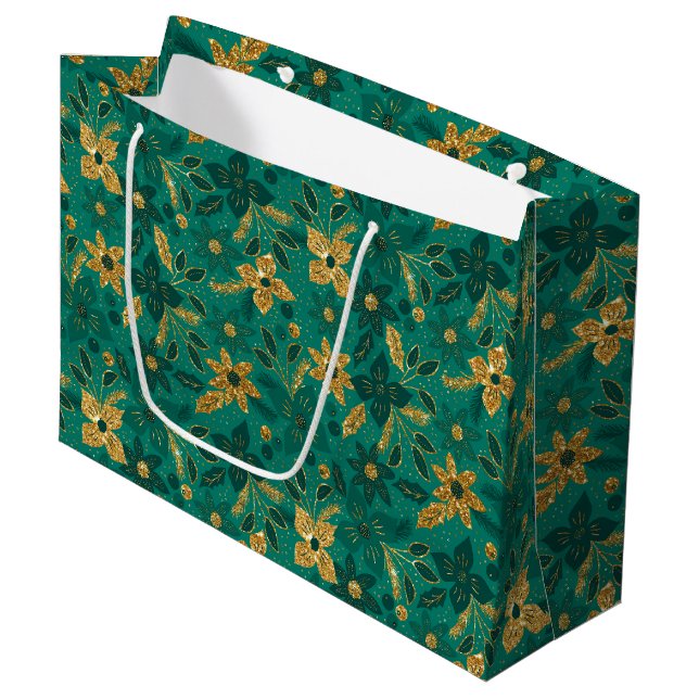 Grand Sac Cadeau Gold and Green Christmas Poinsettia Flowers (Devant Angle)