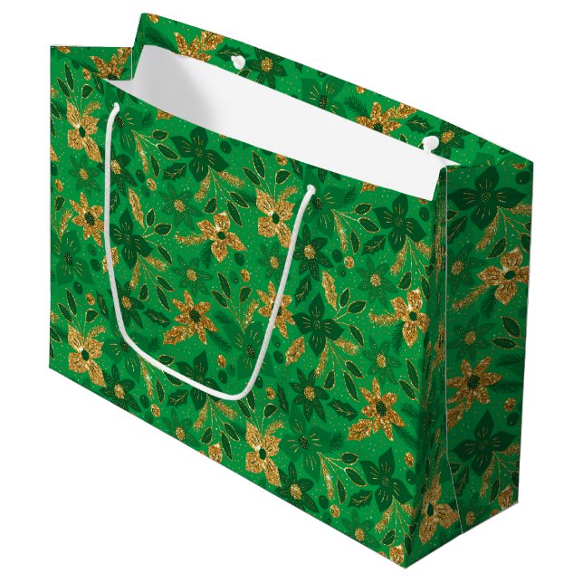 Grand Sac Cadeau Gold and Green Christmas Poinsettia Flowers (Devant Angle)