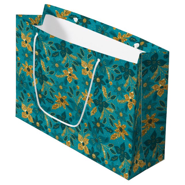 Grand Sac Cadeau Gold and Teal Blue Christmas Poinsettia Flowers (Devant Angle)