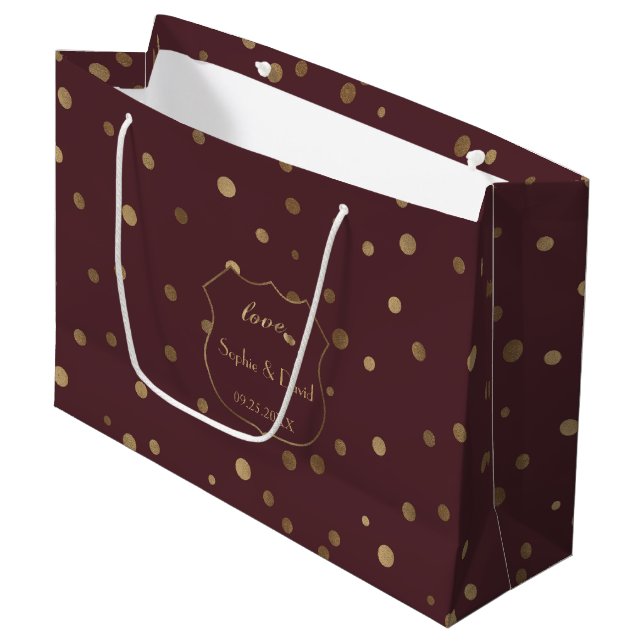 Grand Sac Cadeau Gold Confetti Love Bourgogne Mariage (Devant Angle)