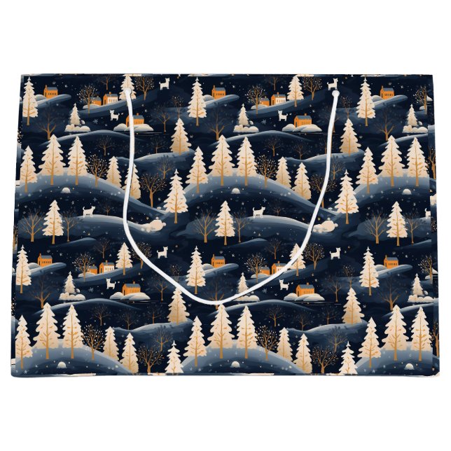 Grand Sac Cadeau Gold et Dusty Blue Winter (Devant)