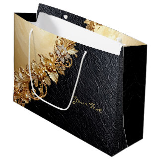 Grand Sac Cadeau Gold Floral Embellishments Gift Bag