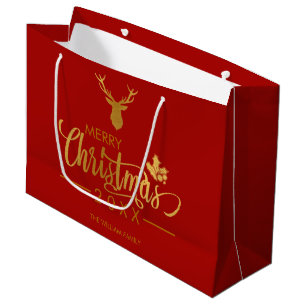 Grand Sac Cadeau Gold Foil Deer Joyeux Noël personnalisé Rouge