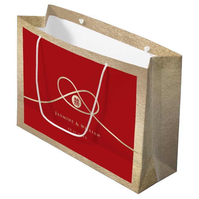 Grand Sac Cadeau Gold Knot Union Double Bonheur Mariage chinois (Devant Angle)