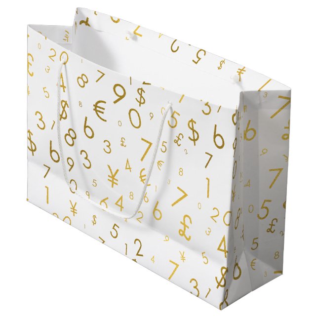 Grand Sac Cadeau Gold Luxury Numéros & Devise Symboles Motif (Devant Angle)