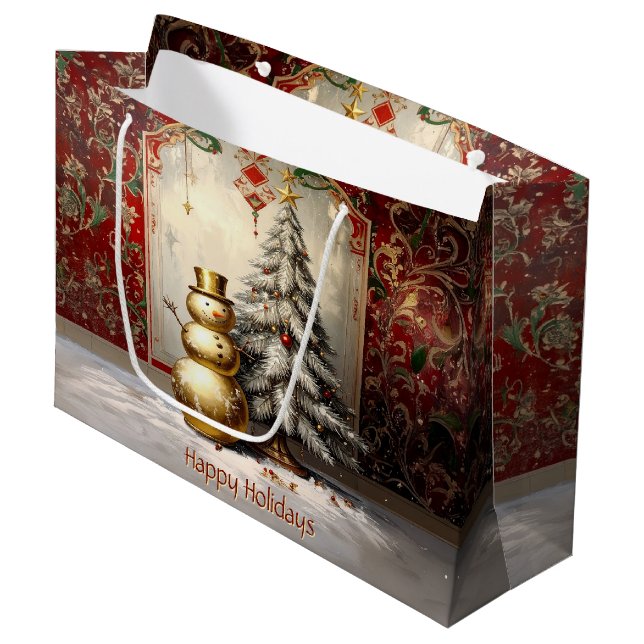 Grand Sac Cadeau Gold Snowman Christmas Tree Holiday Gift Bag (Devant Angle)