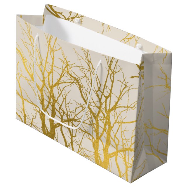Grand Sac Cadeau Gold Tree Branches Motif Arrière - plan beige (Devant Angle)