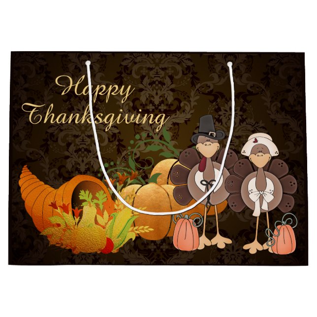 Grand Sac Cadeau Golden Automne Harvest Damask Bon thanksgiving (Devant)