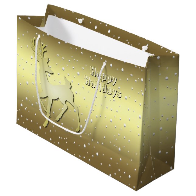 Grand Sac Cadeau Golden Reindeer Snowy Holiday Gift Bag (Devant Angle)