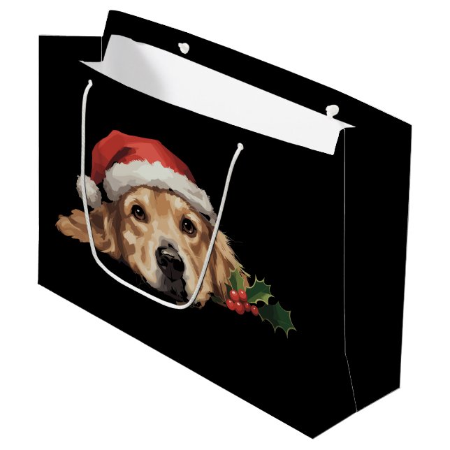 Grand Sac Cadeau Golden Retriers Noël Santa Hat Chien Noël (Devant Angle)