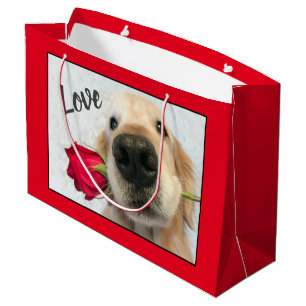 Grand Sac Cadeau Golden retriever avec amour de Valentine de rose