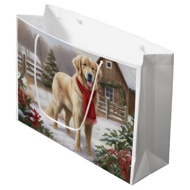 Grand Sac Cadeau Golden Retriever Dog in Snow Christmas (Devant Angle)